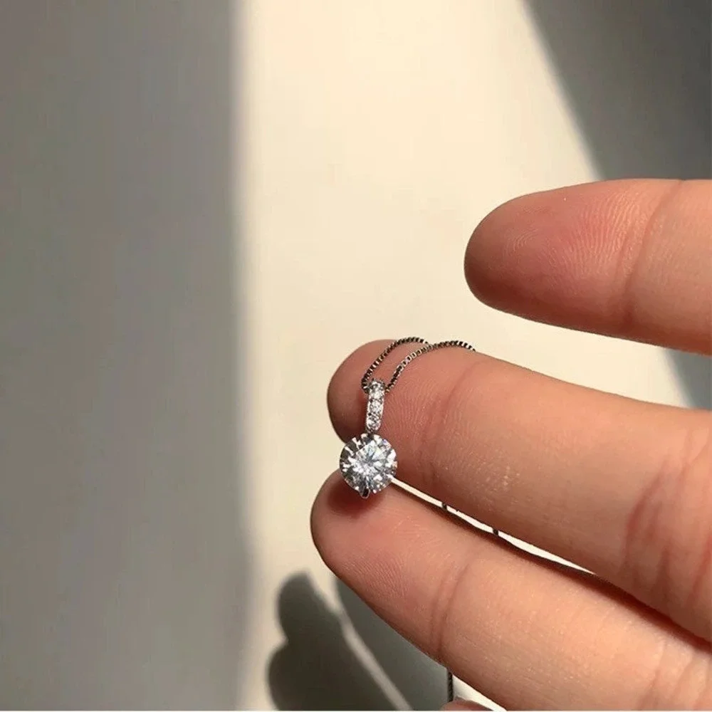Faux Diamond Pendant Bridesmaid Necklace Silver Tone 16in Chain Handmade